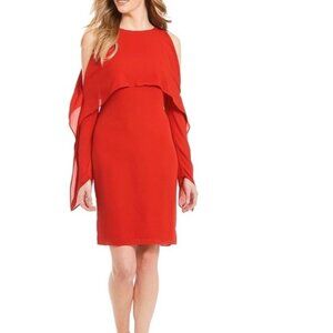 Halston Sheer Overlays Draping Red Cocktail Dress Medium Cold Shoulder Covered